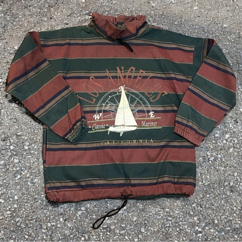 VTG 90s Striped LA California Puff Print Mariner Boat Cinch Oversized Sweatshirt